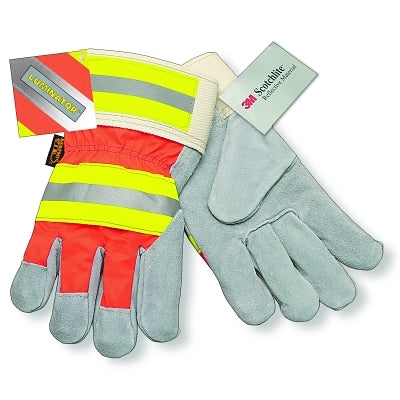 MCR Safety 1440L Luminator Leather Palm Gloves  Cowhide/Cotton/Polyester  Large  Brown Hem/Gray/Hi-Vis Orange/Lime/Silver