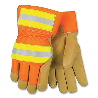 MCR Safety 19261L Luminator Leather Palm Gloves, Pigskin Leather/Fabric, Large, Brown Hem/Hi-Viz Lime/Orange/Silver/Yellow