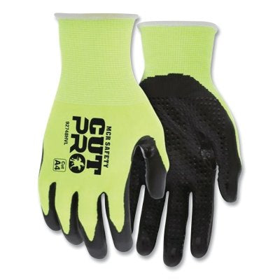 MCR Safety 92748HVM CutPro 92748HV 18-ga HyperMax Nitrile-Dotted Coated Gloves, Medium, Hi-Vis Lime