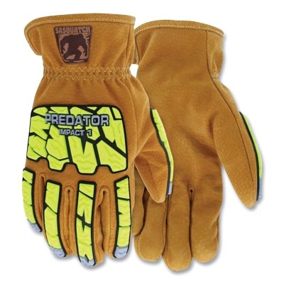 MCR Safety PD3430L Predator Impact Sasquatch Leather Drivers Gloves  Large  360�� HyperMax Lining  Brown/Hi-Vis Yellow