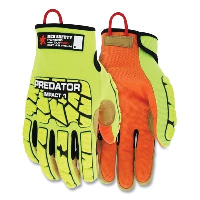 MCR Safety PD4900L Predator Mechanics Hi-Vis Cut Resistant Work Gloves, Tire Tread/Dupont Kevlar, Large, HV Lime and Orange