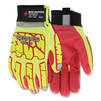 MCR Safety PD4903S Predator Impact Mechanics Hi-Vis Leather Palm  Cut  Abrasion  Puncture Resistant Gloves  Small  Hi-Vis Lime  Hi-Vis Red