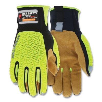 MCR Safety PD5931M Predator Impact Mechanics Sasquatch Leather Palm Cut, Abrasion, Tear Resistant Gloves, Medium, Hi-Vis Yellow, Black, Brown