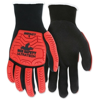 MCR Safety UT1950XL UT1950 UltraTech Impact Level 1 Mechanics Knit Gloves, X-Large, Hi-Vis Red TPR, Black Coating/Shell