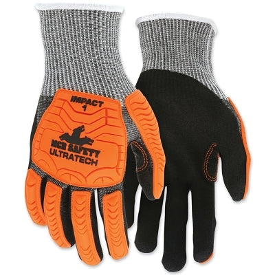 MCR Safety UT1952M UT1952 UltraTech A4/Cut Level Mechanics Knit Gloves, Medium, Hi-Vis Orange TPR, Black Coating, Salt/Pepper Shell