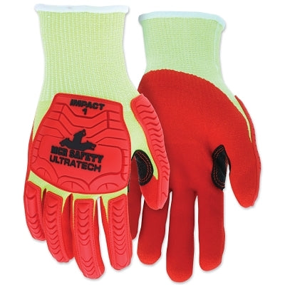 MCR Safety UT1953XL UT1953 UltraTech A4/Impact Level 1 Mechanics Knit Glove, X-Large, Hi-Viz Lime; Red
