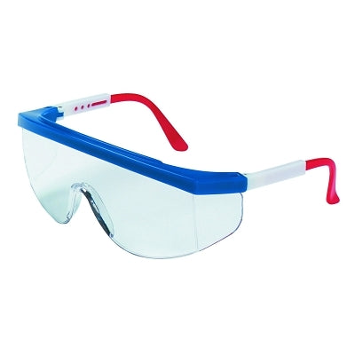 MCR Safety TK130 Tomahawk Protective Eyewear  Clear Lens  Duramass HC  Blue/Red/White Frame