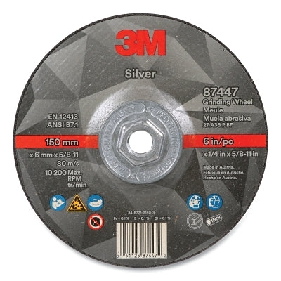 3M 7100244821 Silver Depressed Center Grinding Wheel, 6 in dia, 1/4 in, 5/8 in-11 Arbor Thread, 36 Grit, Precision Shaped Ceramic