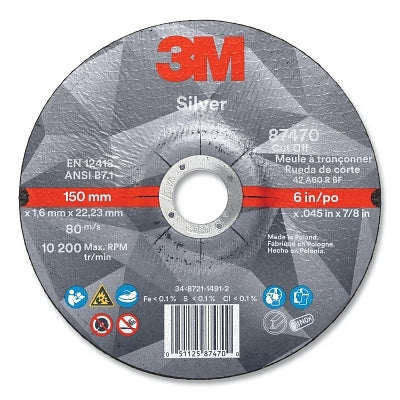 3M 7010409304 Silver Cut-Off Wheel, Precision Shaped Ceramic, 6 in dia, 0.875 in arbor, 36+ Grit, Center Hole