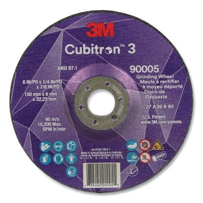3M 7100313193 Cubitron 3 Depressed Center Grinding Wheel, 6 in dia x 1/4 in Thick x 7/8 in Arbor, 36+ Grit, T27