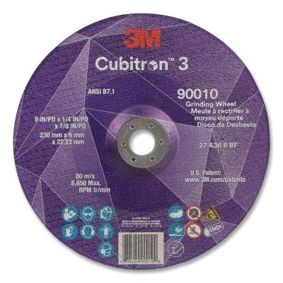 3M 7100313202 Cubitron 3 Depressed Center Grinding Wheel, 9  in dia x 1/4 in Thick x 7/8 in Arbor, 36+ Grit, T27