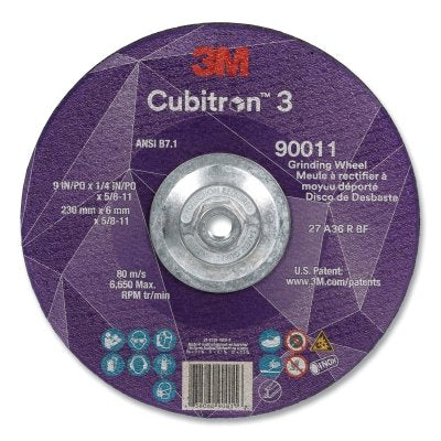 3M 7100312964 Cubitron 3 Depressed Center Grinding Wheel, 9 in dia x 1/4 in Thick x 5/8 in-11 Arbor, 36+ Grit, T27
