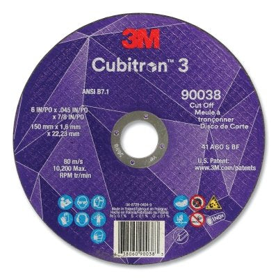 3M 7100313190 Cubitron 3 Cut-Off Wheel, 6 in dia x 0.045 in Thick x 7/8 in Arbor, 60+ Grit, T1