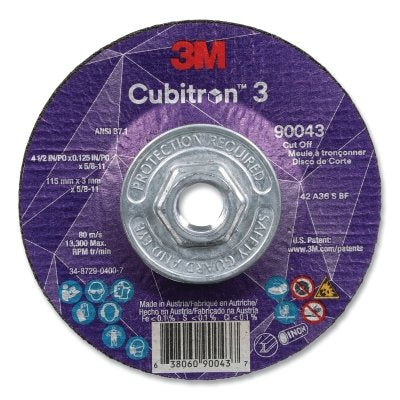 3M 7100313187 Cubitron 3 Cut-Off Wheel, 4-1/2 in dia x 0.125 in Thick x 5/8 in-11 Arbor, 36+ Grit, T27