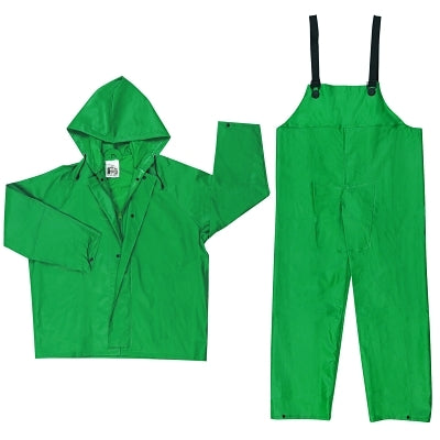 MCR Safety 3882X5 Two-Piece Rain Suit, Jacket w/Hood, Bib Pants, 0.42 mm PVC/Poly, Green, 5X-Large