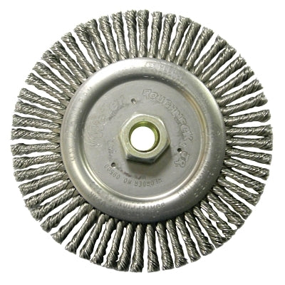 Weiler 9500 Roughneck Stringer Bead Twist Knot Wire Wheel, 6 in Dia, 0.020 in Stainless Steel Wire, 5/8 in-11 Arbor