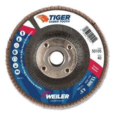 Weiler 50105 Saber Tooth Ceramic Flap Disc, 4-1/2 in, 40 Grit, 5/8 in Arbor, 13000 RPM