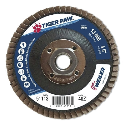 Weiler 51113 Tiger Paw Coated Abrasive Flap Disc, 4-1/2 in, 40 Grit, 5/8 in Arbor, Phenolic Back