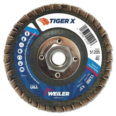 Weiler 51205 4-1/2 in Tiger X Angled Flap Disc Phenolic Backing 40 Grit Zirconia 5/8"-11