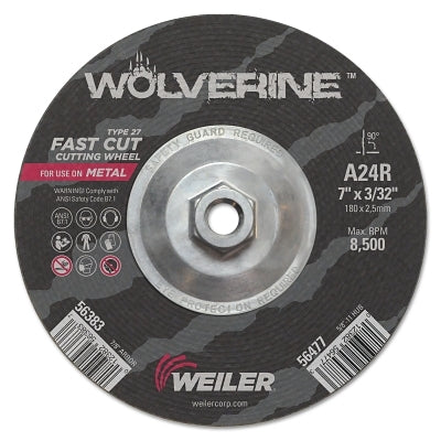 Weiler 56477 Wolverine Grinding Wheel, 7 in dia x 5/8 in-11 UNC Arbor x 3/32 in Thick, AO, 24R