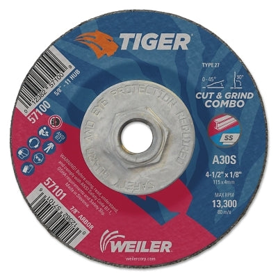 Weiler 57100 Tiger AO Type 27 Cut/Grind Combo Wheel 4-1/2 in dia x 1/8 in Thick 5/8 in-11 dia Arbor A30S