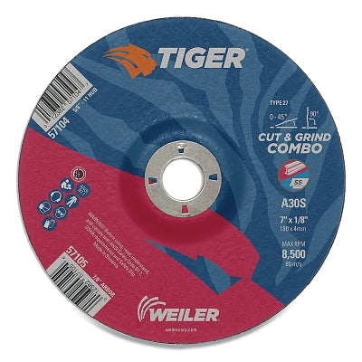 Weiler 57104 Tiger AO Type 27 Cut/Grind Combo Wheel, 7 in dia x 1/8 in Thick, 5/8 in-11 dia Arbor, A30S