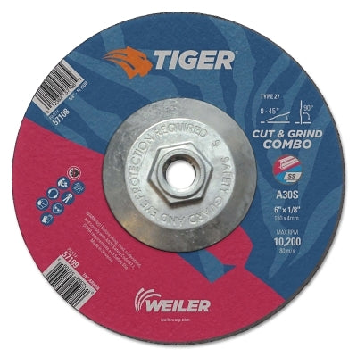 Weiler 57108 Tiger AO Type 27 Cut/Grind Combo Wheel, 6 in dia x 1/8 in Thick, 5/8 in-11 dia Arbor, A30S
