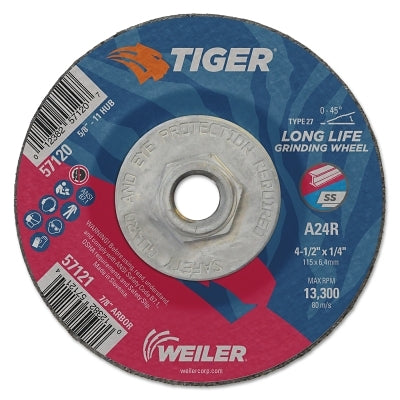 Weiler 57120 Tiger AO Type 27 Grinding Wheel, 4-1/2 in Dia x 1/4 in Thick, 5/8 in-11 Arbor
