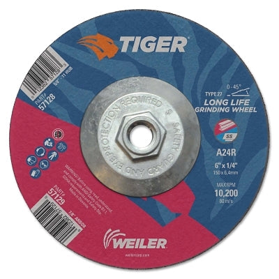 Weiler 57128 Tiger AO Grinding Wheel, 6 in dia x 1/4 in Thick, 5/8 in-11 UNC Arbor, A24R, Type 27