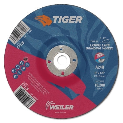 Weiler 57129 Tiger AO Grinding Wheel 6 in dia x 1/4 in Thick 7/8 in Arbor A24R Type 27