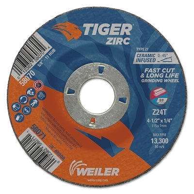 Weiler 58071 Tiger Grinding Wheel, 4-1/2 in dia x 1/4 in Thick x 7/8 in Arbor, 24 Grit, Zirconia Alumina/Ceramic, Type 27, 10 EA/PK