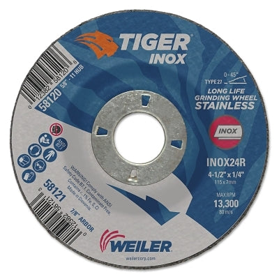 Weiler 58121 Tiger Inox Grinding Wheel 4-1/2 in Dia 1/4 in Thick 7/8 in Arbor