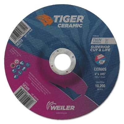 Weiler 58309 Tiger Ceramic Cutting Wheel, 6 in Dia, 0.045 in Thick, 7/8 in Arbor, 24/bx