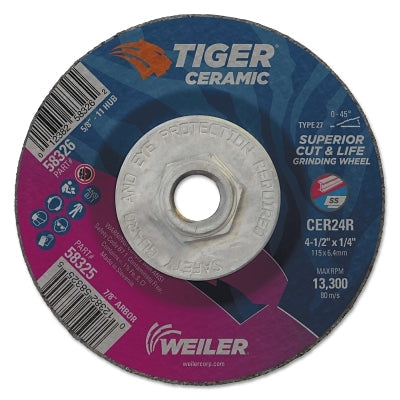 Weiler 58326 Tiger Grinding Wheel, 4-1/2 in dia x 1/4 in Thick x 5/8 in-11 Arbor, 24 Grit, Ceramic Alumina, Type 27, 10 EA/BX